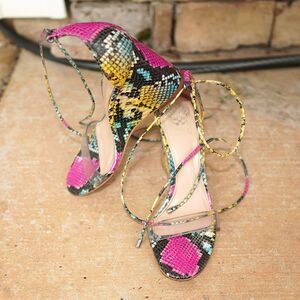 Vince Camuto Stassia Snake Print Wedge Sandals Lace Up Ankle Tie Multicolor 7M